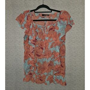 A.N.A. Floral Blouse Turquoise & Coral Tie-Neck Boho Top Women's Size Large